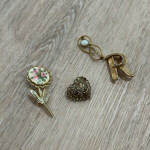 VINTAGE GOLD PIN/PENDANt Late 1900s rose flower R initial heart pearl